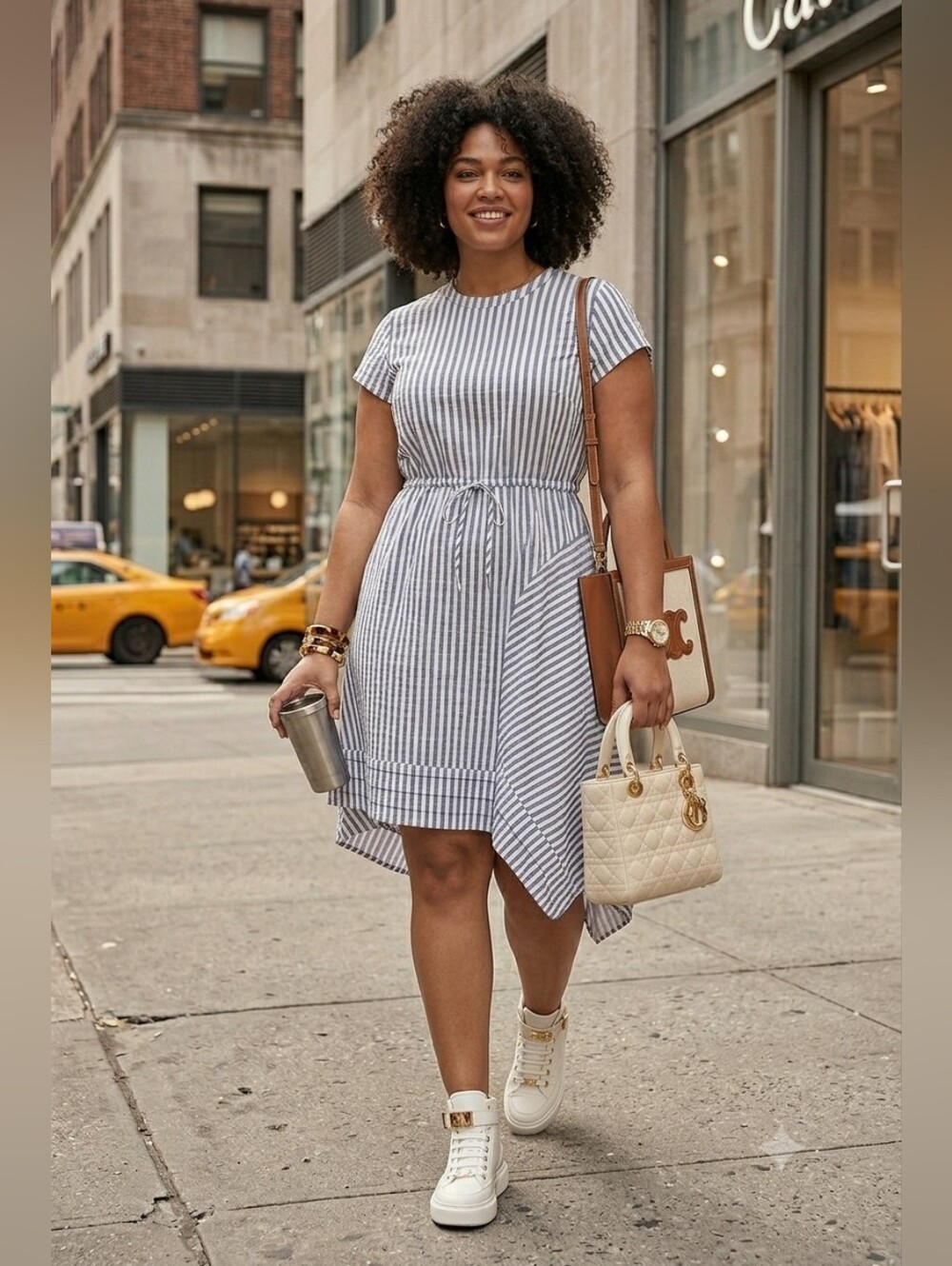 NWT Emery Rose L Large Striped Navy and White Midi Dress with Waist Tie